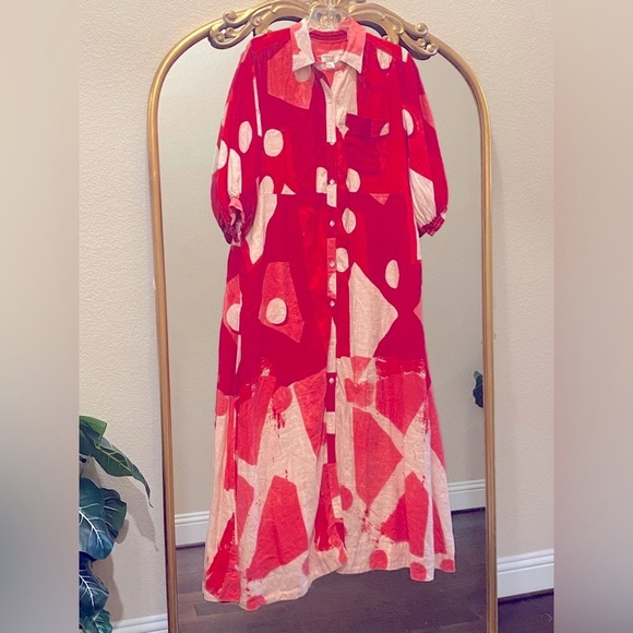 Anthropologie Maeve Linen Red and Cream Patterned Shirt Dress Size S - Picture 4 of 15